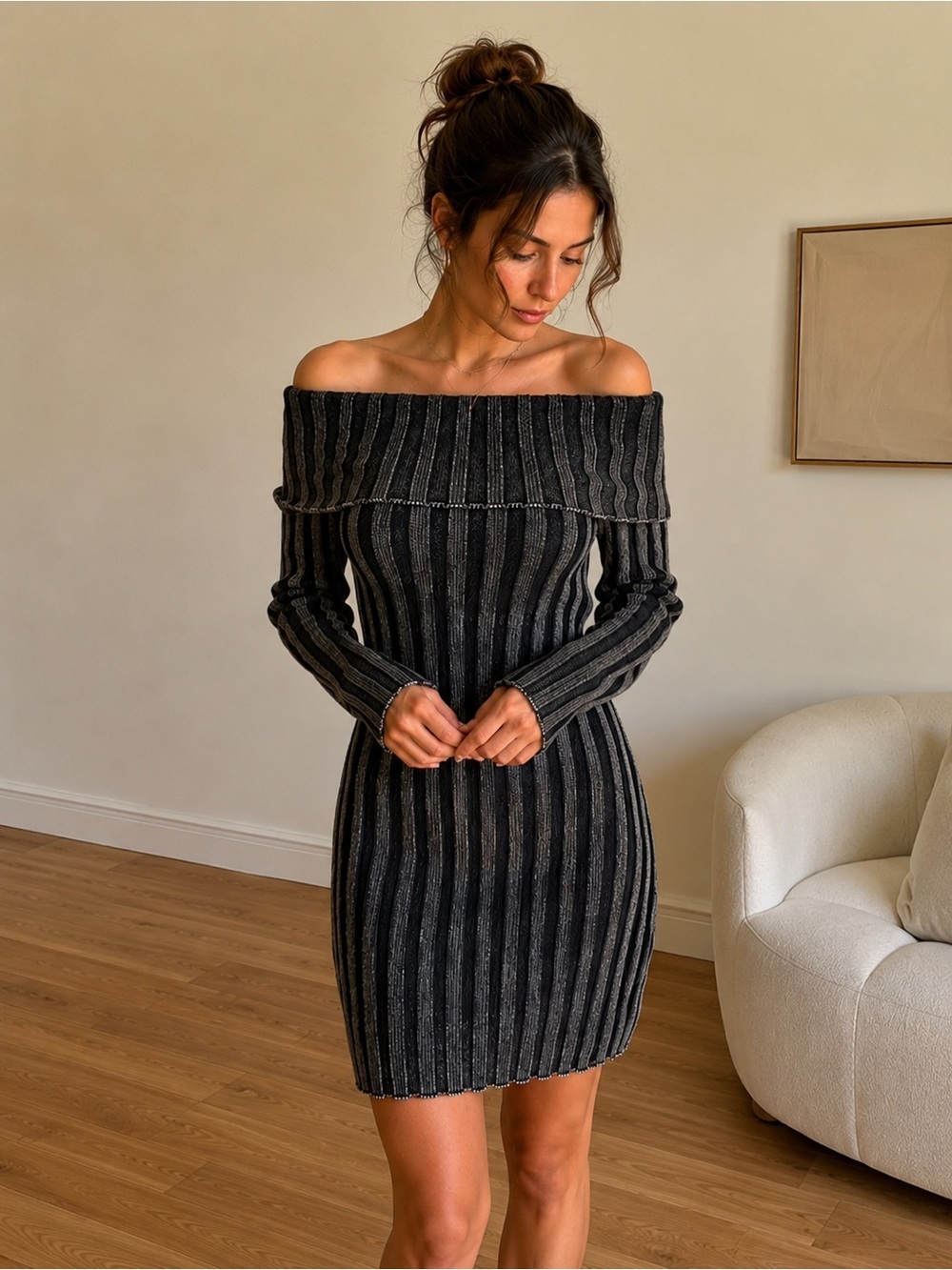 Zara Off Shoulder Ribbed Knit Dress Black Gray Medium